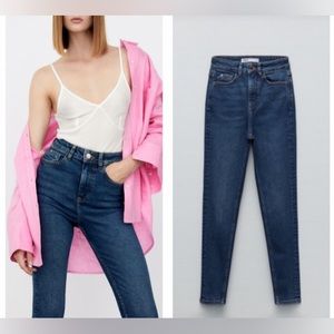 Zara High Rise Skinny Mom Jeans Dark Blue Wash Classic 5 Pocket Style